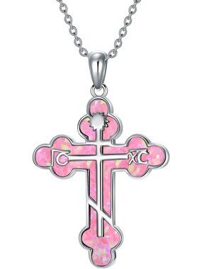 Pink Opal Orthodox Cross Necklace - 925 Sterling Silver Religious Pendant